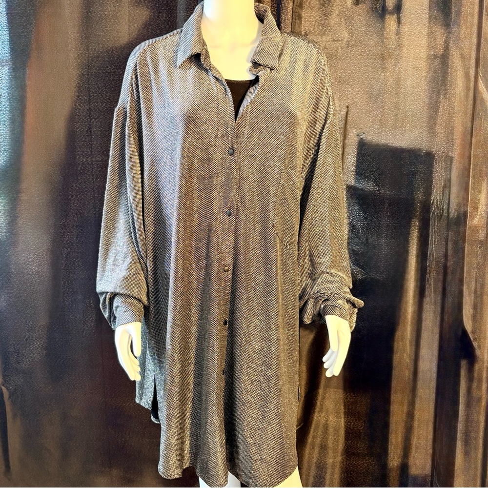Showpo Ruri Sparkly Oversized Mini Shirt Dress Black Silver Metallic Size 14